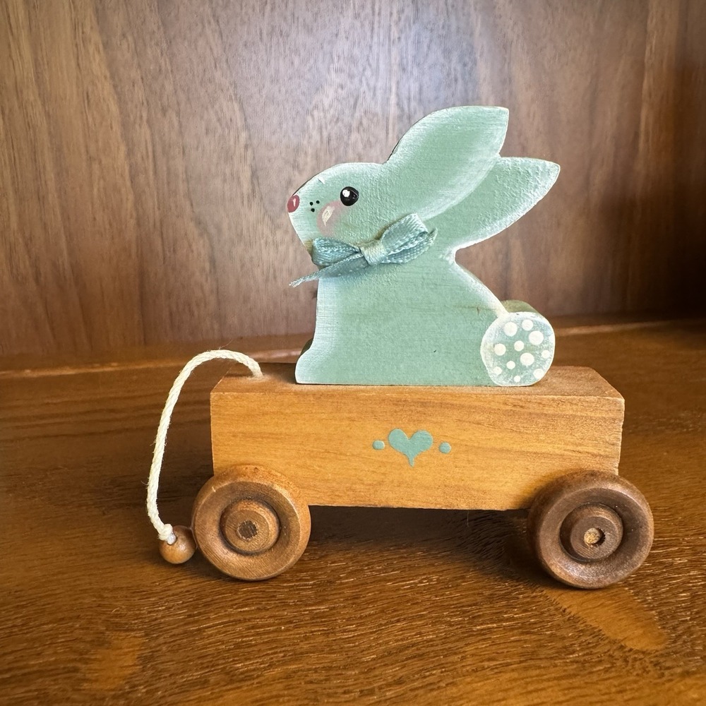 Vintage Hand Painted Wooden Baby Blue Bear & Rabbit. Farmhouse Cottagecore Decor - Picture 2 of 16